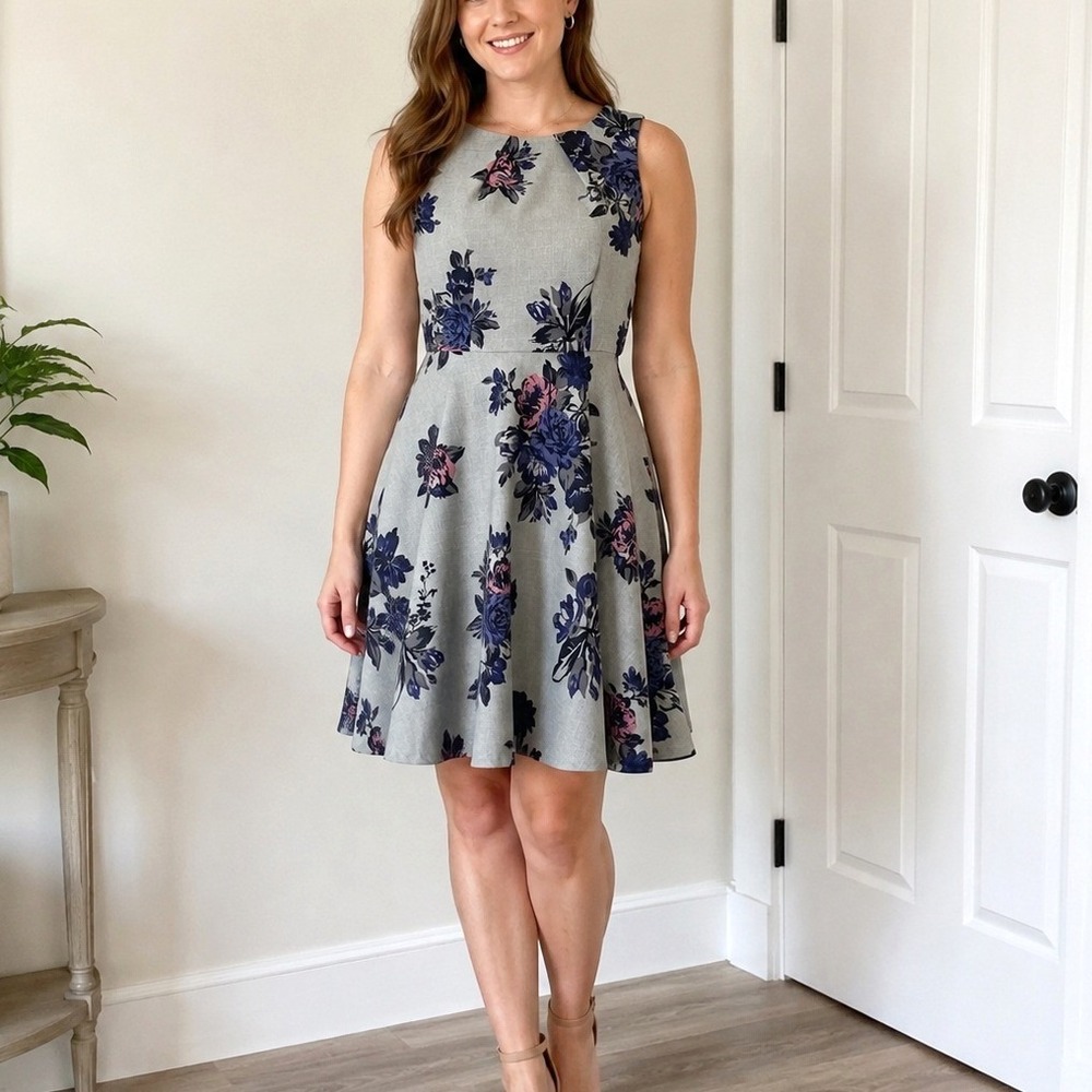 Dark Floral Fit Flare Dress 8 Gray Pink Navy Sleeveless ELLE Knee Length